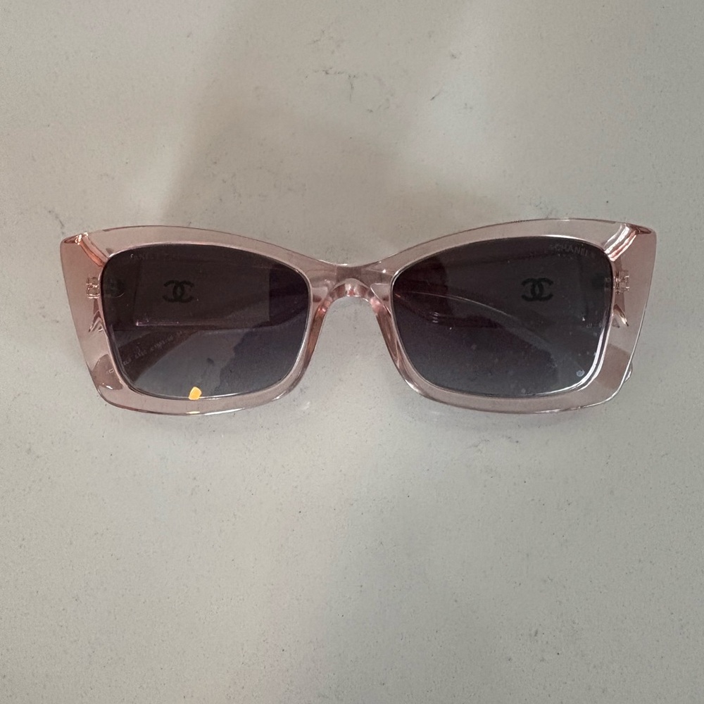 CHANEL Pink Crystal Rectangle Sunglasses with Dark Gradient Lenses